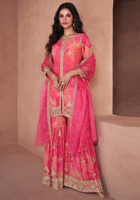 Pink Embroidery Georgette Sharara Set