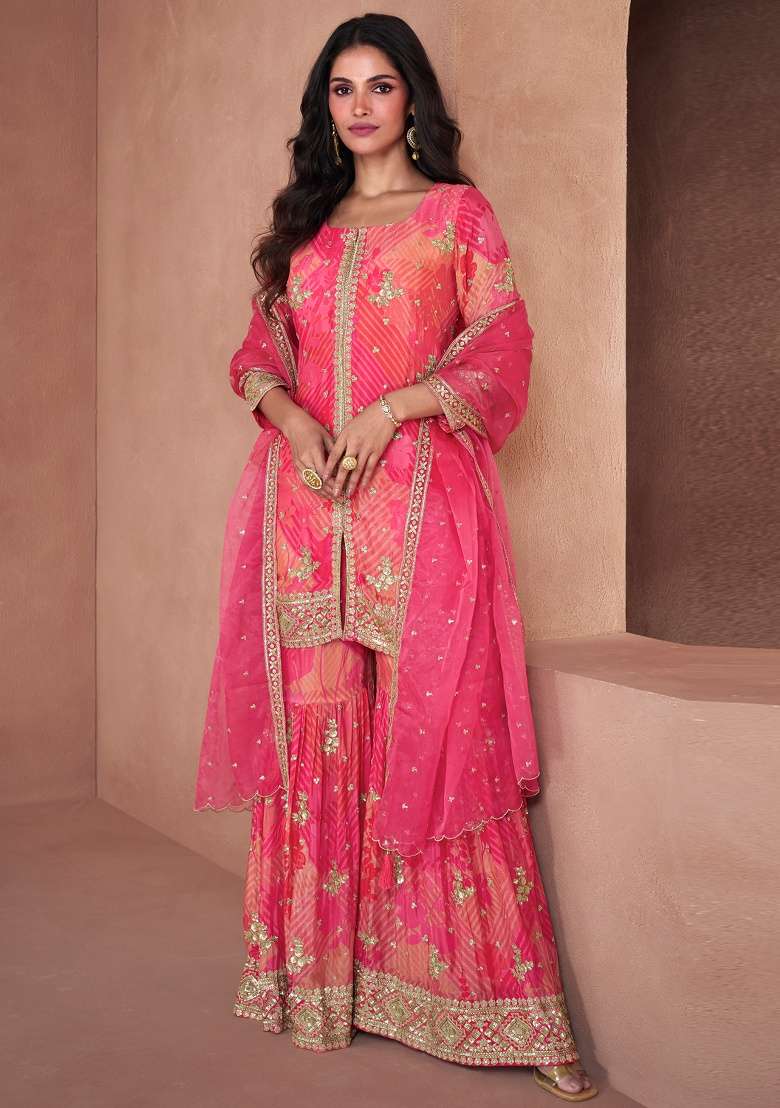Pink Embroidery Georgette Sharara Set - Indya
