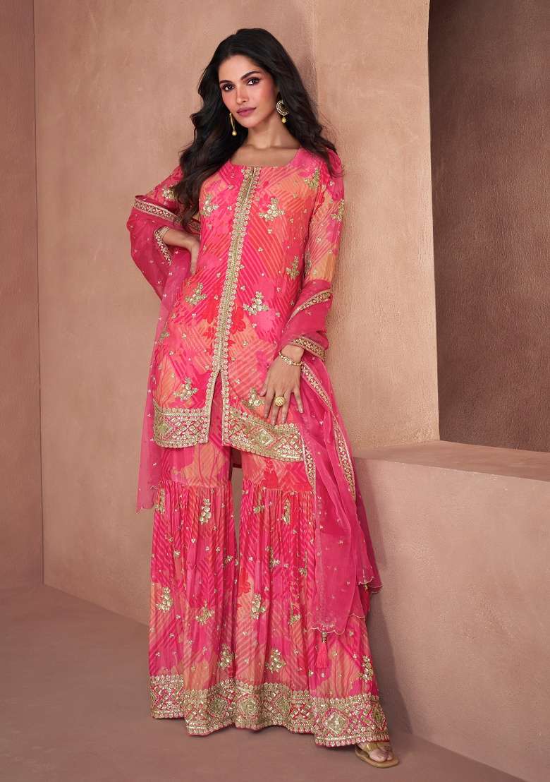 Pink Embroidery Georgette Sharara Set - Indya