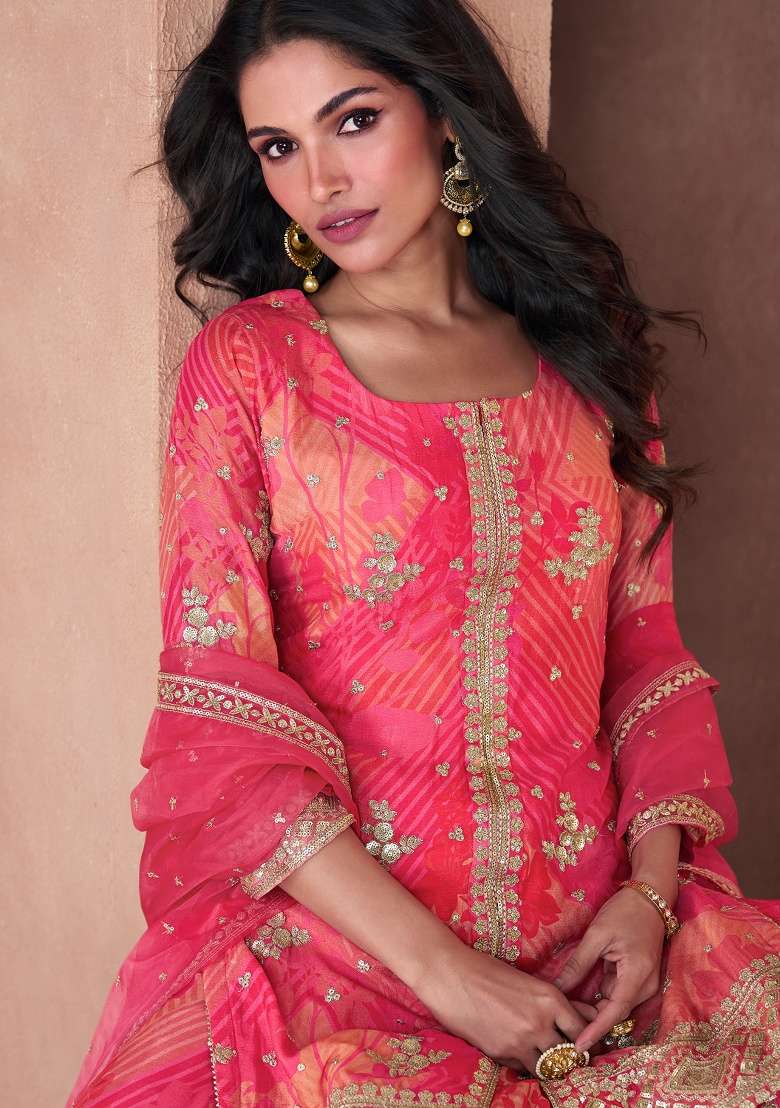 Pink Embroidery Georgette Sharara Set - Indya