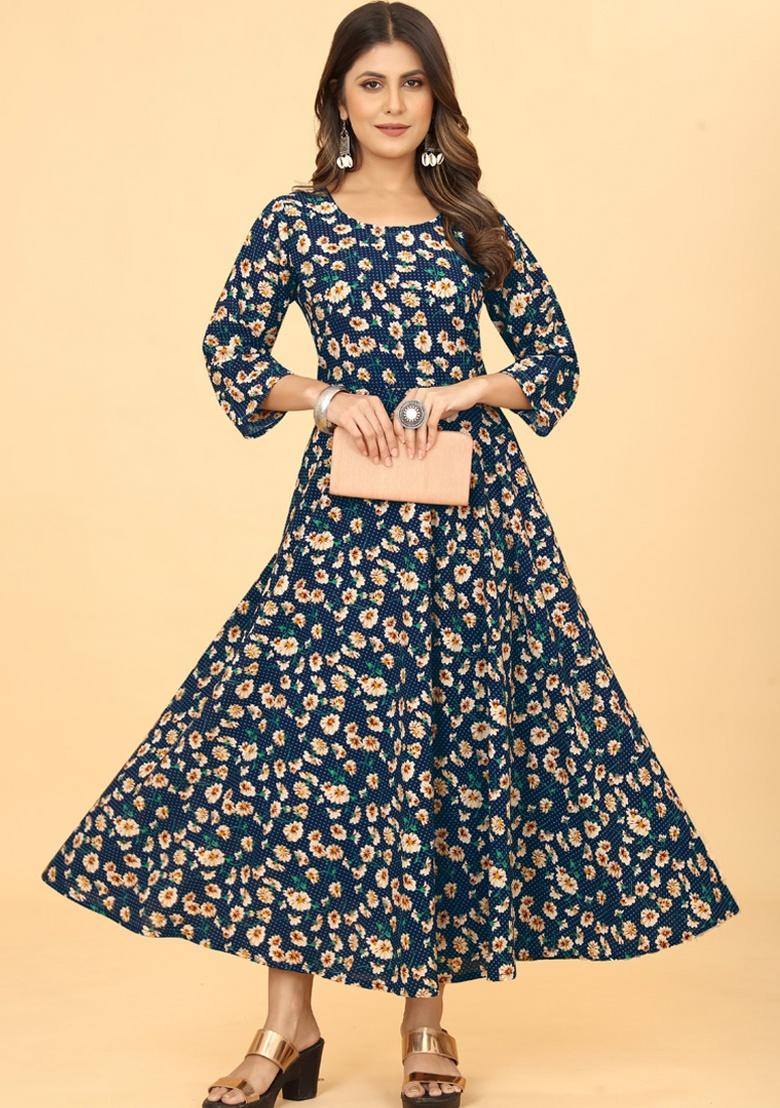 Navy Blue Embroidery Heavy Georgette Kurti - Indya