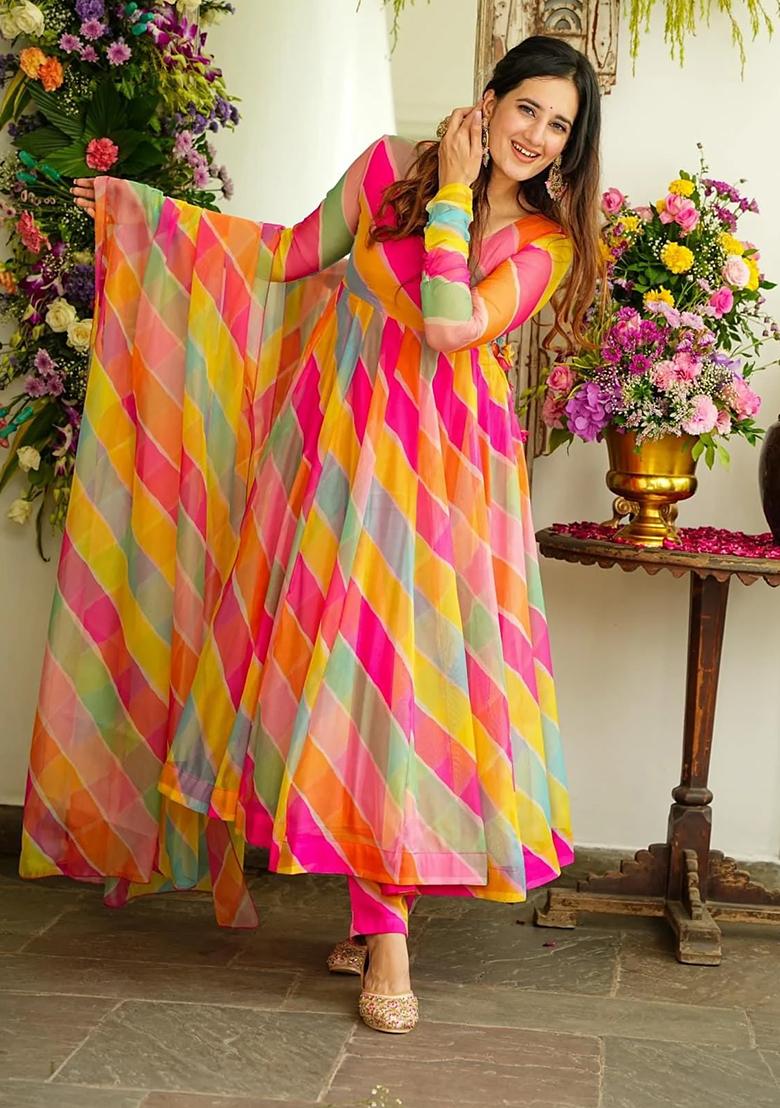 Multi Color Embroidery Georgette Gown With Dupatta