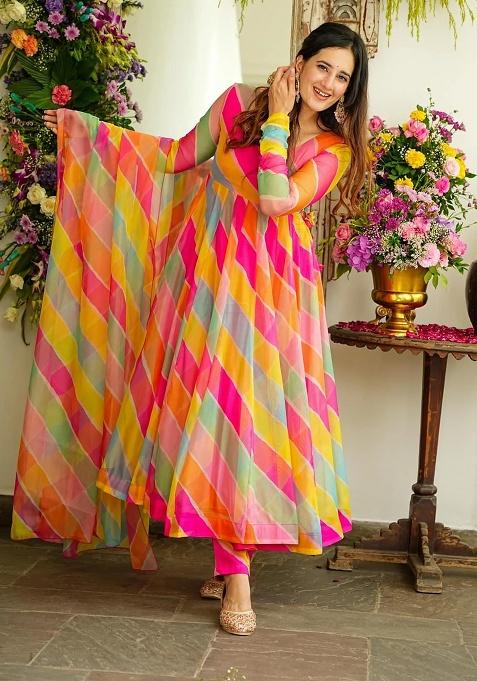 Multi Color Embroidery Georgette Gown With Dupatta