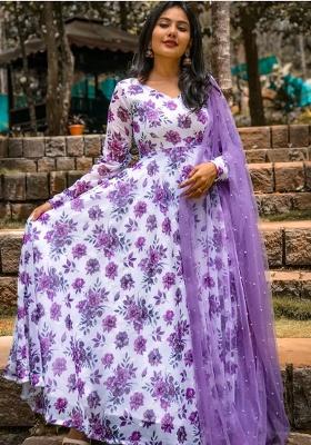 White Embroidery Georgette Gown With Dupatta