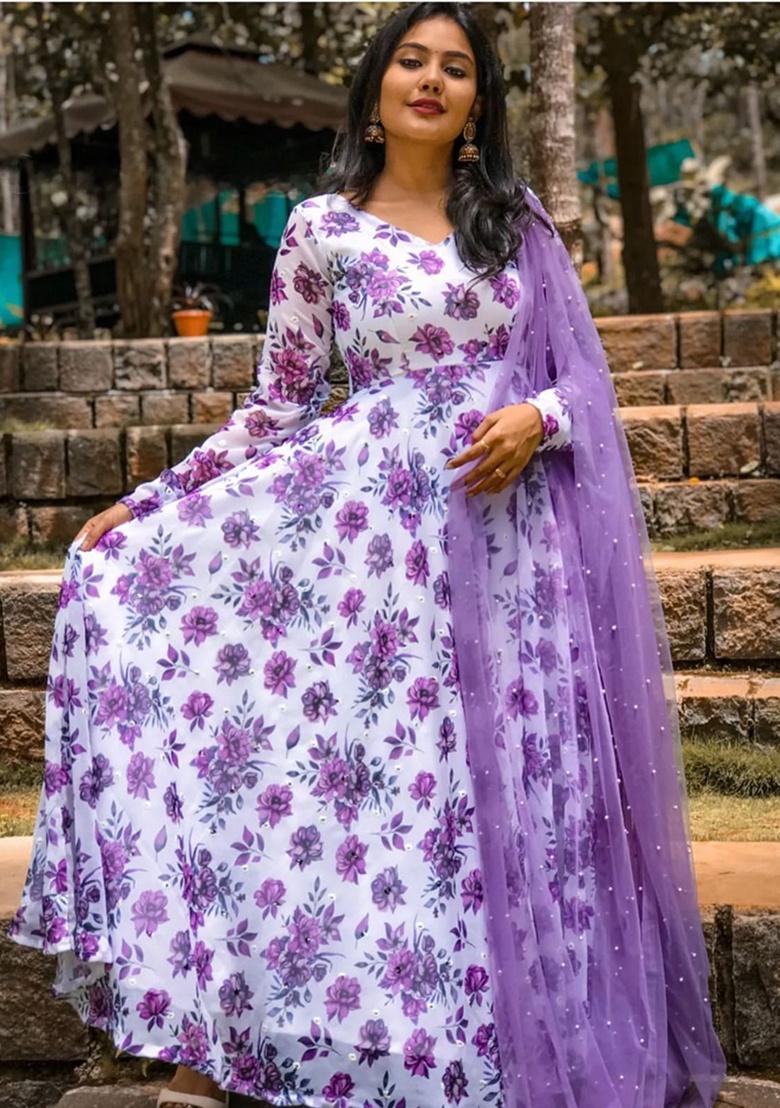 White Embroidery Georgette Gown With Dupatta