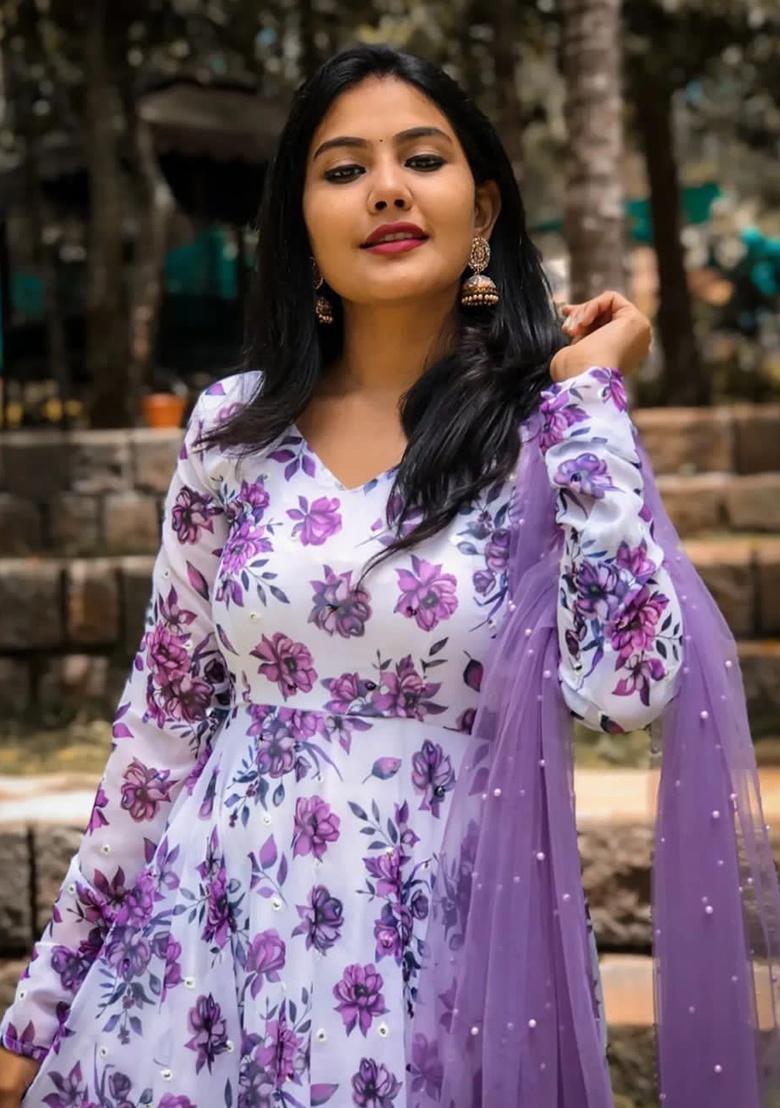 White Embroidery Georgette Gown With Dupatta