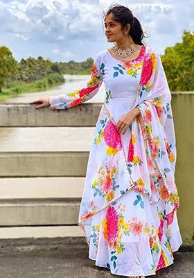 White Embroidery Georgette Gown With Dupatta