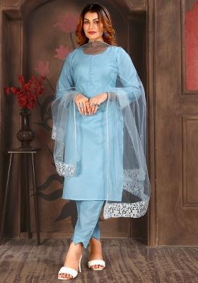 Sky Blue Embroidery Cotton Salwar Kameez