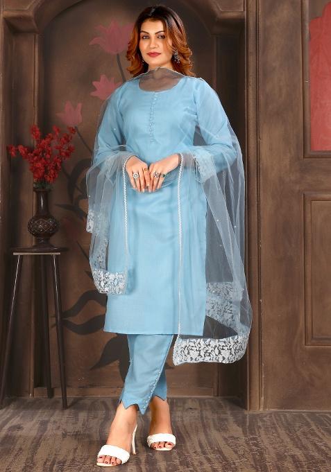 Sky Blue Embroidery Cotton Salwar Kameez