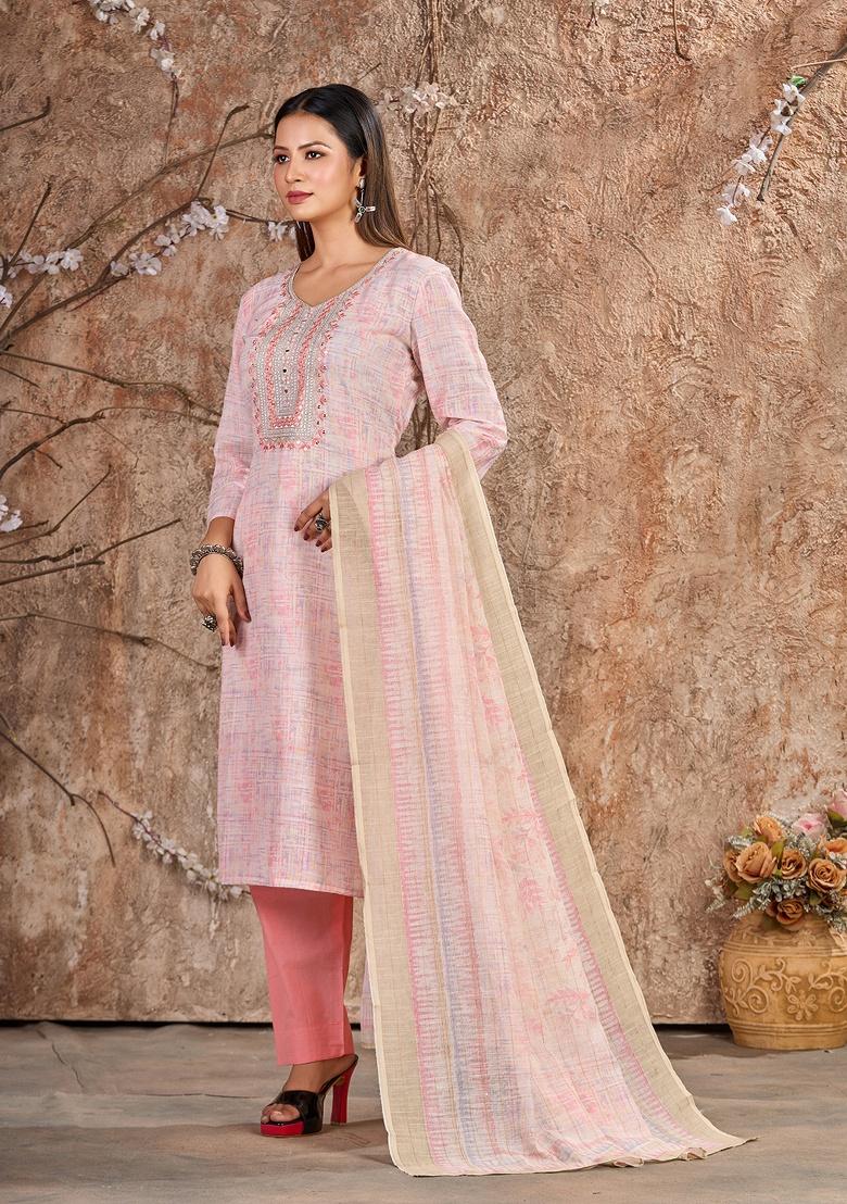 Pink Embroidery Linen Cotton Salwar Kameez