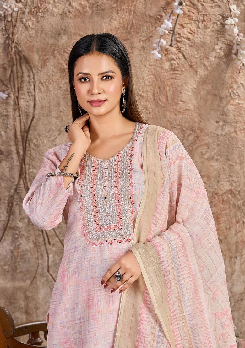 Pink Embroidery Linen Cotton Salwar Kameez