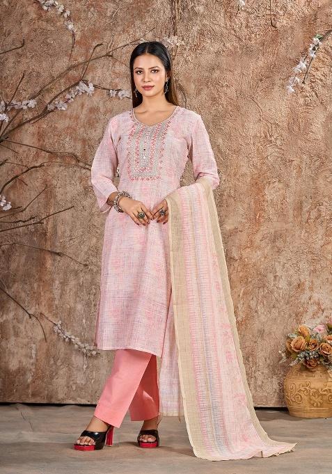 Pink Embroidery Linen Cotton Salwar Kameez