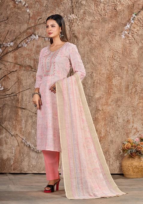 Pink Embroidery Linen Cotton Salwar Kameez