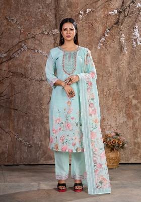 Sky Blue Embroidery Linen Cotton Salwar Kameez