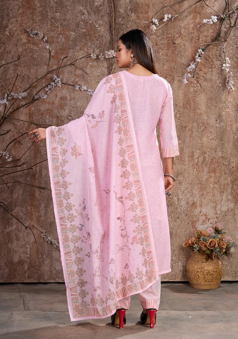 Pink Embroidery Linen Cotton Salwar Kameez