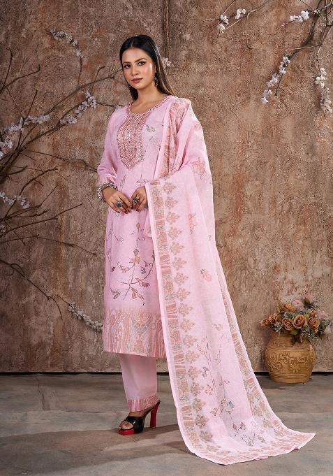 Pink Embroidery Linen Cotton Salwar Kameez