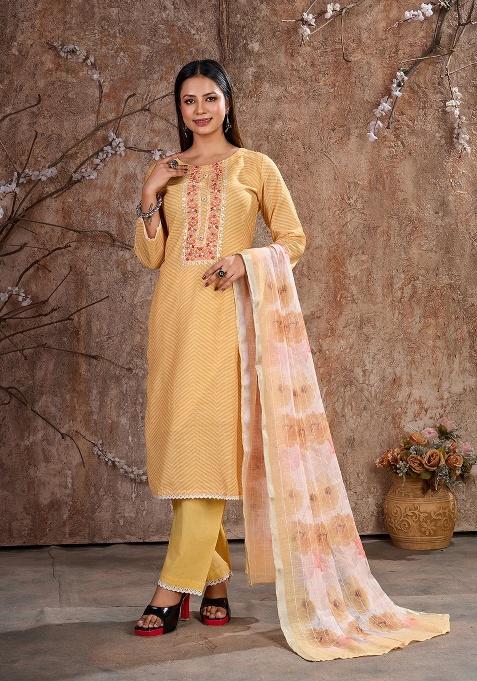 Yellow Embroidery Linen Cotton Salwar Kameez
