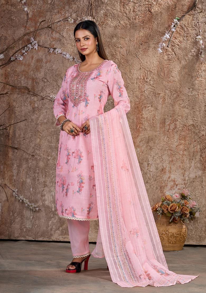 Pink Embroidery Linen Cotton Salwar Kameez