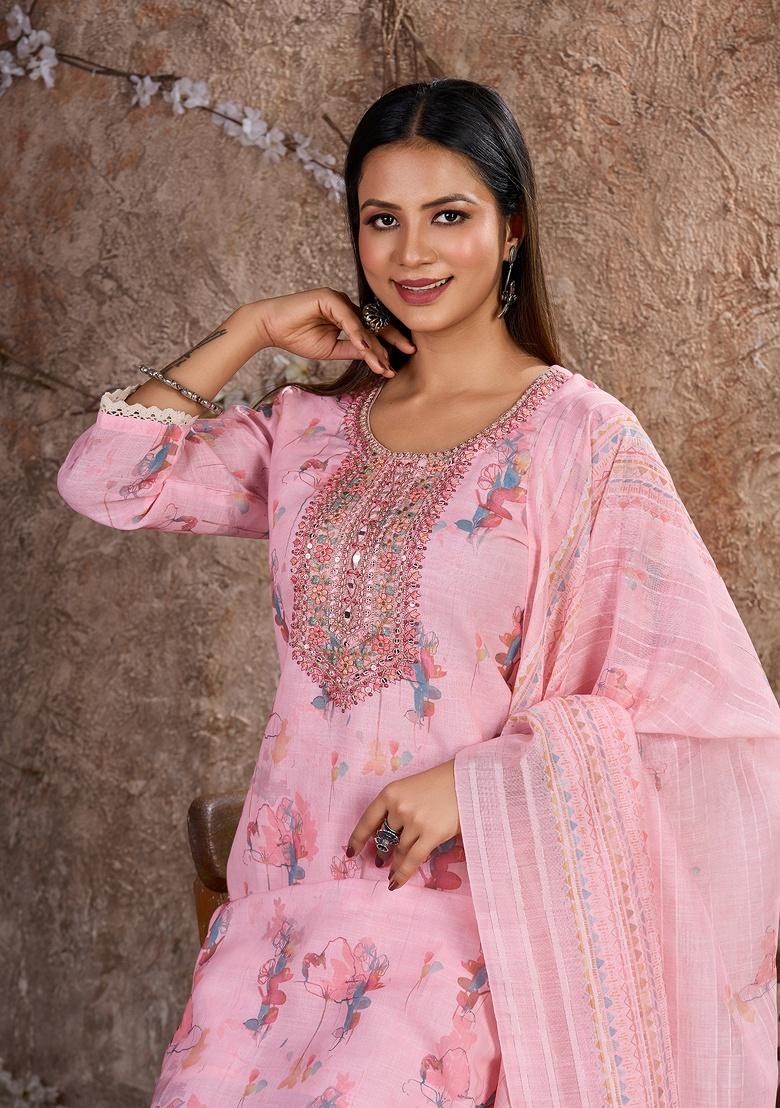 Pink Embroidery Linen Cotton Salwar Kameez