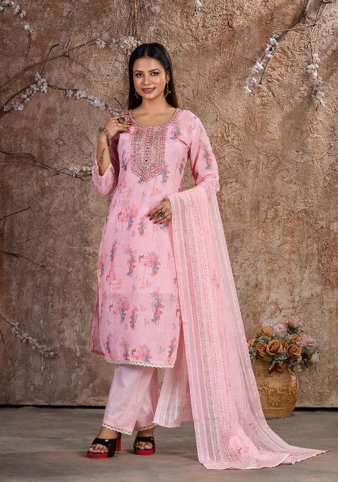 Pink Embroidery Linen Cotton Salwar Kameez