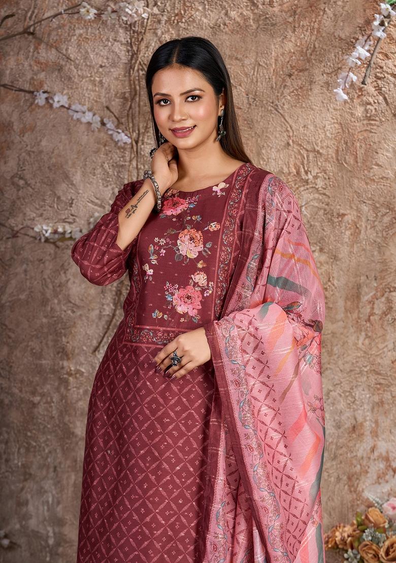 Maroon Embroidery Silk Cotton Salwar Kameez - Indya