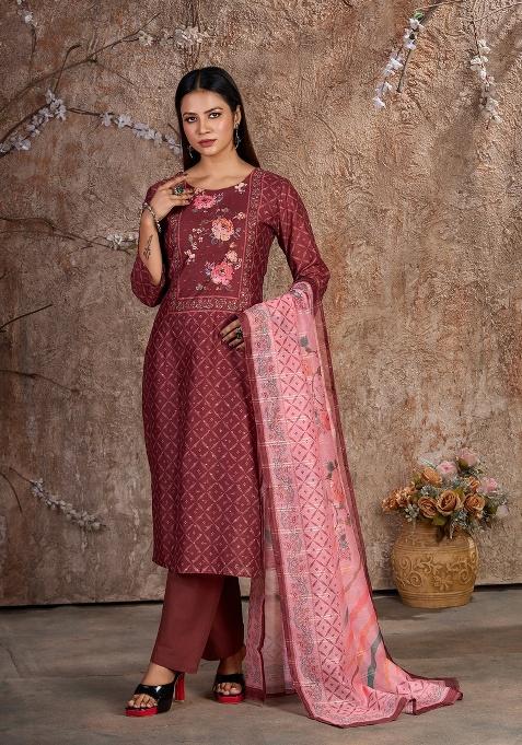 Maroon Embroidery Silk Cotton Salwar Kameez