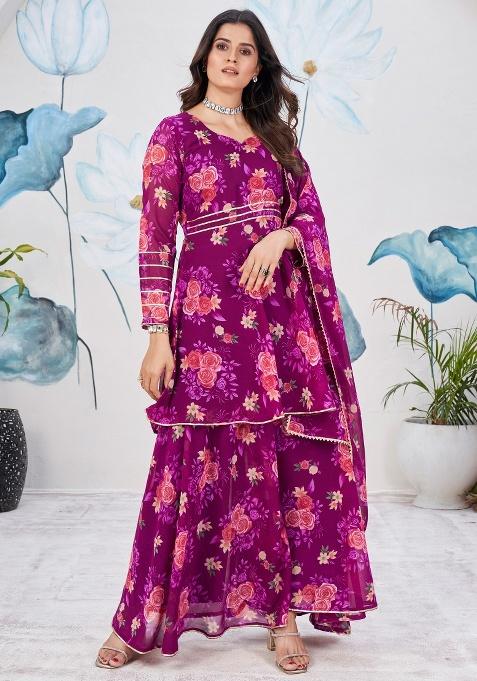 Purple Embroidery Georgette Palazzo Suit