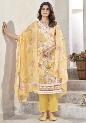 Yellow Embroidery Linen Cotton Salwar Kameez