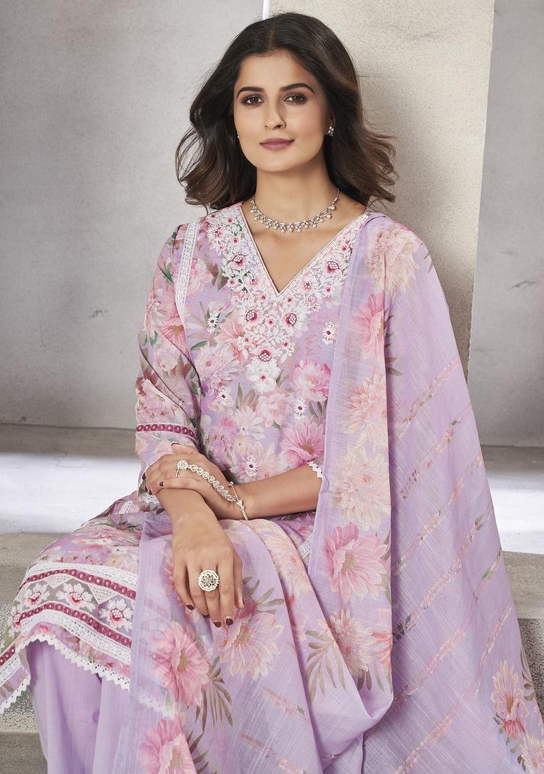 Lavender Embroidery Linen Cotton Salwar Kameez - Indya