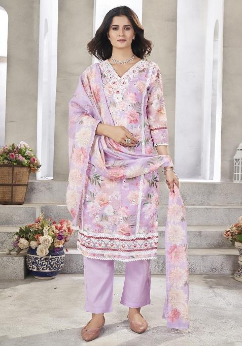 Lavender Embroidery Linen Cotton Salwar Kameez