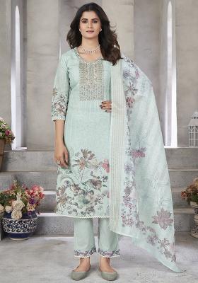 Pista Green Embroidery Linen Cotton Salwar Kameez