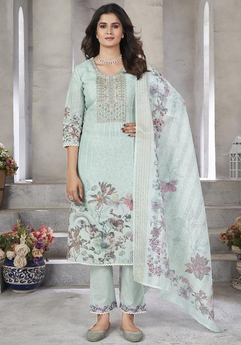 Pista Green Embroidery Linen Cotton Salwar Kameez