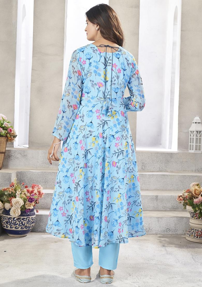 Blue Embroidery Georgette Anarkali set - Indya