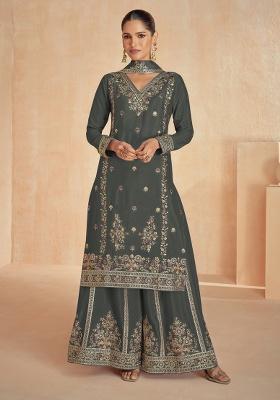 Grey Embroidery Georgette Palazzo Set