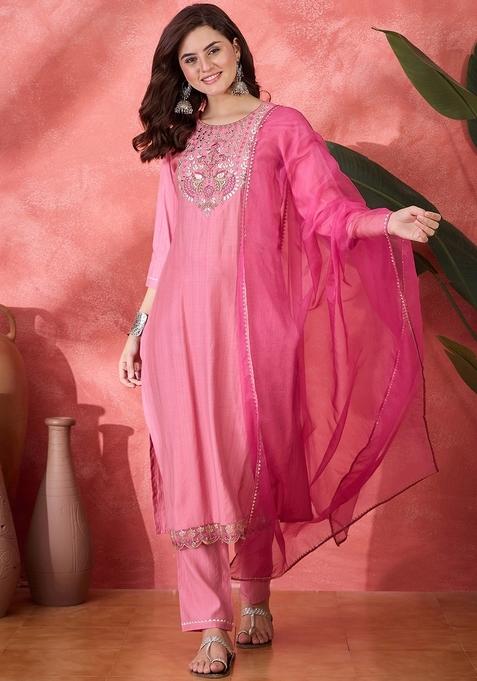 Light Pink Embroidered Poly Blended Kurta Set