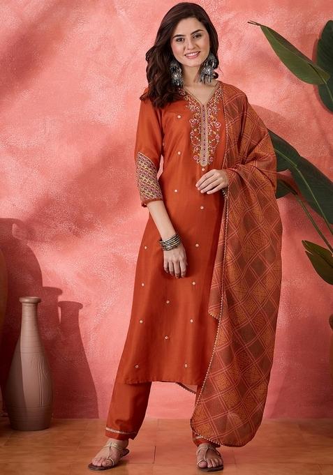 Orange Embroidered Poly Blended Kurta Set