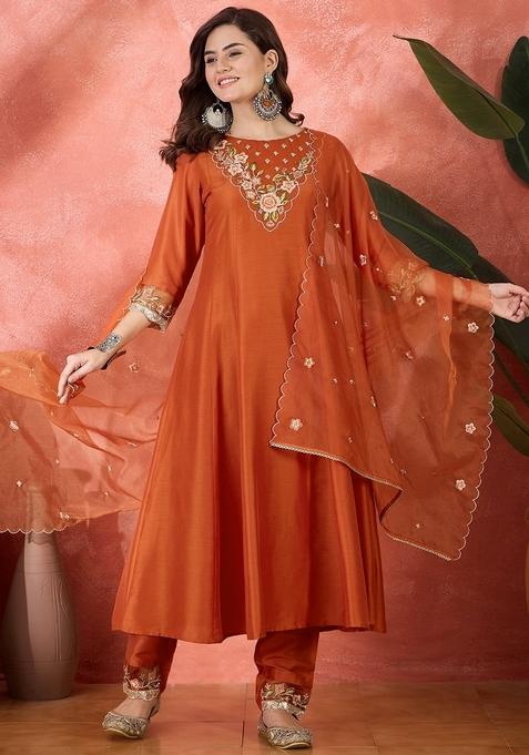 Orange Embroidered Poly Blended Kurta Set