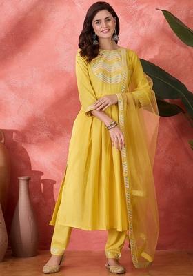 Yellow Embroidered Blended A Line Kurta Set
