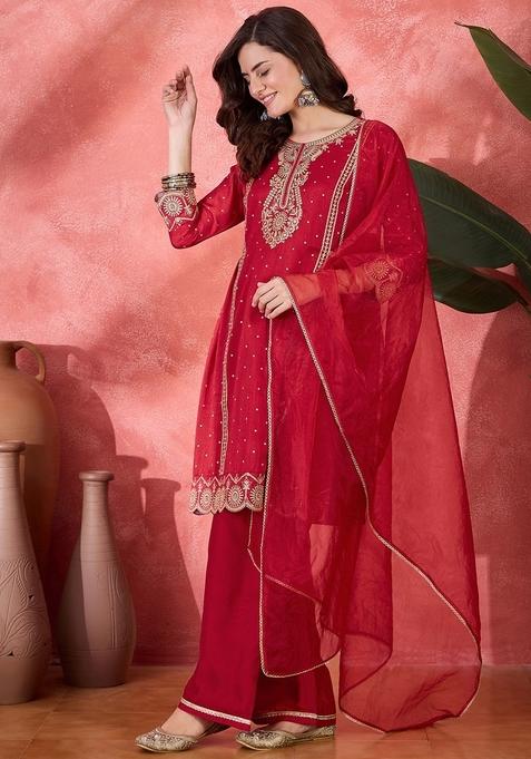 Red Embroidered Poly Blended Kurta Set