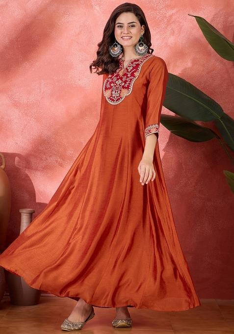 Orange Embroidered Poly Blended Gown