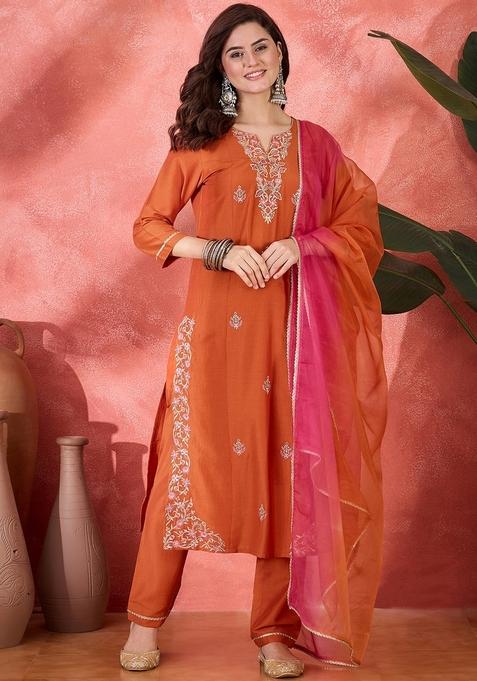 Orange Embroidered Poly Blended Kurta Set