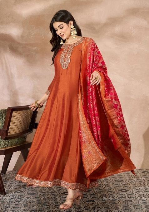 Orange Embroidered Poly Blended Gown