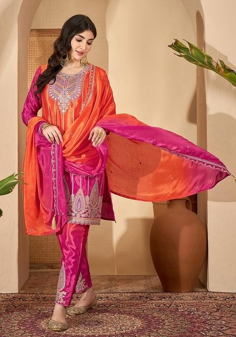 Orange Rani Embroidered Poly Blended Kurta Set