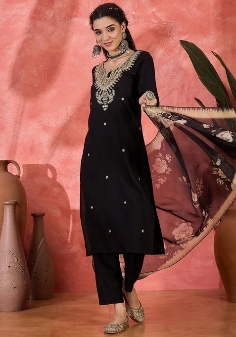 Black Embroidered Blended Straight Kurta Set
