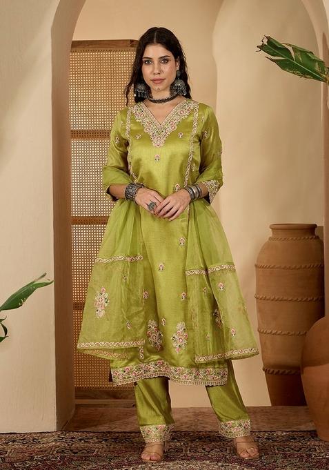 Lime Green Embroidered Poly Blended Kurta Set