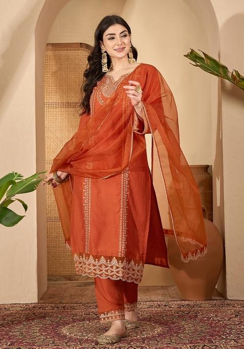 Orange Embroidered Poly Blended Kurta Set