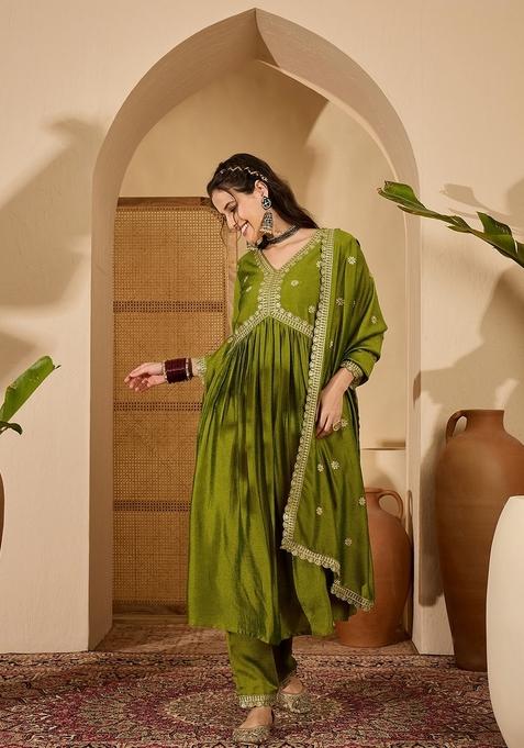 Green Embroidered Blended Anarkali Set