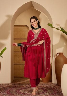 Red Embroidered Blended A Line Kurta Set