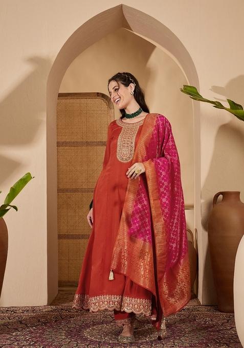 Orange Embroidered Poly Blended Kurta Set