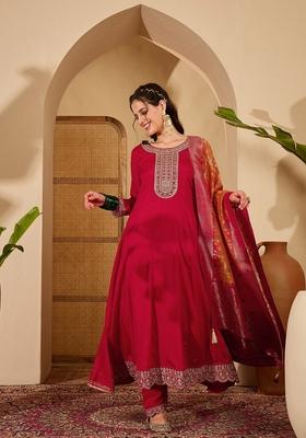 Red Embroidered Blended A Line Kurta Set